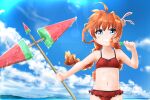  1girl ahoge armpits ban_(777purin) bikini blue_eyes blush braid breasts bunny_hair_ornament eyebrows_visible_through_hair food grin hair_ornament long_hair looking_at_viewer lyrical_nanoha mahou_shoujo_lyrical_nanoha mahou_shoujo_lyrical_nanoha_a&#039;s mahou_shoujo_lyrical_nanoha_strikers navel outdoors popsicle red_bikini red_hair shiny shiny_hair shiny_skin small_breasts smile solo sweat swimsuit twin_braids twintails vita 