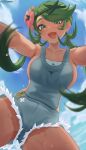  1girl :d blue_sky breasts cloud collarbone day eyebrows_visible_through_hair eyes_visible_through_hair fang flower green_eyes green_hair hair_flower hair_ornament highres jtveemo large_breasts long_hair looking_at_viewer mallow_(pokemon) pokemon pokemon_(game) pokemon_sm skin_fang sky smile solo sweat thighs twintails 
