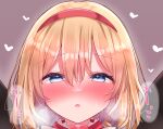  1girl alice_margatroid bangs blonde_hair blue_eyes blush breath cropped eyebrows_visible_through_hair face hair_between_eyes hairband half-closed_eyes heart heart-shaped_pupils highres long_hair looking_at_viewer nose_blush otowa_(otoha4634) portrait short_hair solo sound_effects symbol-shaped_pupils touhou 