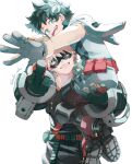  2boys bakugou_katsuki belt blonde_hair boku_no_hero_academia boots carrying carrying_person crossed_legs explosive foreshortening gloves green_eyes green_gloves green_hair grenade highres hood hood_down kada_mha looking_at_viewer looking_back male_focus mask middle_finger midoriya_izuku multiple_boys open_mouth pouch red_belt red_eyes simple_background sitting smile spiked_hair twitter_username white_background white_gloves yaoi 