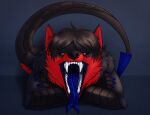  anthro big_fangs black_body black_ears black_hair black_nose black_sclera black_tail blue_claws blue_tail blue_tongue bodily_fluids cheek_tuft claws crossed_arms elbow_tufts facial_tuft fangs forked_tongue fur glistening glistening_eyes hair inner_ear_fluff looking_at_viewer male mouth_shot narrowed_eyes open_mouth pupils red_body red_eyes red_fur red_inner_ear red_inner_ear_fluff red_tail saliva saliva_on_tongue saliva_string sharp_teeth shoulder_tuft skyelegs slit_pupils solo teeth tongue tongue_out tuft 