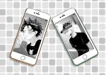  2boys absurdres bakugou_katsuki baseball_cap battery_indicator bed bed_sheet black_shirt blush boku_no_hero_academia cellphone closed_eyes greyscale hat highres implied_yaoi iphone lens_flare midoriya_izuku monochrome multiple_boys phone pillow rapiko red_eyes shirt sleeping smartphone spot_color t-shirt 