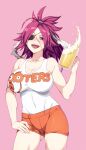  1girl 846-gou absurdres alcohol bangs bare_shoulders beer beer_mug blue_eyes breasts cleavage collarbone cup eyepatch fate/extra fate_(series) francis_drake_(fate) highres hooters large_breasts long_hair looking_at_viewer mug open_mouth orange_shorts parted_bangs pink_hair ponytail short_shorts shorts smile solo tank_top thighs white_tank_top 