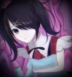  abstract_background ame-chan_(needy_girl_overdose) black_hair chromatic_aberration frown hair_ornament hair_over_eyes highres long_sleeves looking_at_viewer munashi needy_girl_overdose noise pillow purple_eyes suspenders x_hair_ornament 