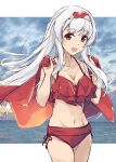  1girl bikini blue_sky breasts brown_eyes cleavage cloud cowboy_shot frilled_bikini frills hairband highres horizon kantai_collection long_hair looking_at_viewer medium_breasts minosu ocean red_bikini red_hairband shoukaku_(kancolle) sky solo standing swimsuit towel unfinished white_hair 