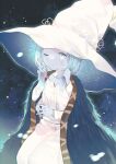  1girl ;o blue_eyes cloak colored_skin commentary_request dress elden_ring extra_arms fur_cloak grey_skin hat holding holding_hair long_hair long_sleeves looking_at_viewer one_eye_closed parted_lips ranni_the_witch solo white_dress white_headwear witch_hat yuizaki_kazuya 