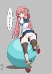  1girl akashi_(kancolle) ass ball blue_sailor_collar blue_skirt blunt_tresses brown_legwear character_name commentary_request exercise_ball from_behind green_eyes grey_background hair_ribbon highres hip_vent kantai_collection long_hair long_sleeves looking_at_viewer looking_back panties pink_hair pleated_skirt ribbon sailor_collar school_uniform serafuku skirt solo t2r thighhighs translated tress_ribbon underwear white_panties 