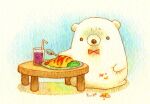  bear bow bowtie cup drinking_glass drinking_straw food grape_juice holding holding_spoon no_humans omurice original plate polar_bear red_bow red_bowtie sitting spoon st.kuma table 
