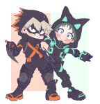  2boys absurdres bakugou_katsuki belt black_belt black_bodysuit black_footwear black_gloves blonde_hair blush bodysuit boku_no_hero_academia boots border chibi freckles gloves green_background green_eyes green_hair highres hood hood_up knee_pads male_focus mask midoriya_izuku multiple_boys orange_background rapiko red_eyes smile spiked_hair two-tone_background white_border 