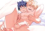  2boys abs anal anal_object_insertion bakugou_katsuki bangs bar_censor bara bed blonde_hair blush boku_no_hero_academia censored completely_nude dildo erection freckles green_eyes green_hair highres holding holding_dildo large_pectorals looking_at_viewer lying male_focus midoriya_izuku multiple_boys muscular muscular_male navel nipple_tweak nipples nude object_insertion on_back on_bed open_mouth pectorals penis red_eyes sex_toy short_hair smile spiked_hair thick_thighs thighs yaoi yazakc 