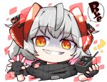  1girl arknights chibi clenched_teeth commentary dark detonator english_text eyebrows_visible_through_hair fingerless_gloves gloves grey_hair hair_between_eyes hair_ornament holding horns kado_(hametunoasioto) looking_at_viewer multicolored_eyes multicolored_hair red_eyes red_hair sharp_teeth solo speech_bubble teeth two-tone_hair upper_body w_(arknights) 