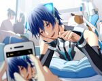  1boy animal_ears blue_eyes blue_hair cat_day cat_ears cat_tail holding holding_phone kaito_(vocaloid) male_focus neko_cyber nokuhashi phone pillow project_diva_(series) sleeveless smile solo_focus tail taking_picture vocaloid 