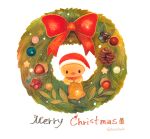  bell bird bow buku_(bunnbuk) chick christmas_wreath holding holding_bell looking_at_viewer merry_christmas no_humans original pinecone red_bow 