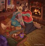  2021 anthro artist_name beverage black_eyebrows blonde_hair blue_clothing blue_overalls blue_shirt blue_topwear bottomless bottomwear brown_body brown_fur brown_hair brown_markings candle canid canine cheek_tuft christmas christmas_stocking chruscik_(dudelinooo) chubby_anthro chubby_male clitoris clothed clothing coffee cookie countershade_face countershade_tail countershade_torso countershading cynamon_(dudelinooo) denim denim_clothing detailed_background digital_media_(artwork) duo eyebrows facial_markings facial_tuft fire fireplace flag food footwear footwear_only fox fully_clothed fur genitals girly grey_bottomwear grey_clothing grey_pants hair hand_on_neck hand_on_side head_markings hi_res holidays hyaenid inner_ear_fluff inside jeans kneeling leg_markings lgbt_pride male male/male mammal markings mostly_nude multicolored_clothing multicolored_ears multicolored_footwear multicolored_shirt multicolored_socks multicolored_topwear nudelinooo orange_sclera overalls pants pawpads pillow pink_inner_ear pink_pawpads poster pride_colors rainbow_flag rainbow_symbol red_clothing red_eyes red_shirt red_topwear shirt smile socks socks_only spotted_hyena tan_body tan_countershading tan_fur tan_hair tan_inner_ear_fluff tan_tail teeth topwear tuft two_tone_clothing two_tone_ears two_tone_shirt two_tone_topwear warm_colors yellow_body yellow_fur 