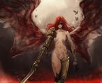  1girl amputee breasts closed_mouth completely_nude elden_ring facing_viewer highres holding holding_sword holding_weapon kayomin long_hair malenia_blade_of_miquella malenia_goddess_of_rot navel no_nipples nude prosthesis prosthetic_arm prosthetic_leg red_hair sketch small_breasts solo spread_wings sword weapon 
