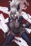  1girl abs bangs belt black_gloves black_legwear blurry blurry_background breasts chain claws cleavage clenched_teeth cowboy_shot dark-skinned_female dark_skin demon demon_girl demon_horns demon_tail english_commentary fingerless_gloves forehead gloves helltaker high_ponytail horns hybridmink jacket judgement_(helltaker) large_breasts leaning_forward legs_apart looking_at_viewer navel open_clothes open_jacket open_mouth parted_bangs solo standing tail teeth thighhighs v-shaped_eyebrows white_eyes white_hair 