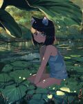  1girl absurdres animal_ears aqua_eyes bangs bare_arms bare_legs bare_shoulders black_hair blush bob_cut camisole cat_ears english_commentary engrish_commentary eyebrows_visible_through_hair highres kgt_(pixiv12957613) leaf looking_at_viewer original outdoors partially_submerged short_hair shorts signature solo tank_top water 