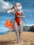  2022 absurd_res action_pose anthro barefoot beach blurred_background buckteeth clothing cloud disney feet female flotation_device fur hi_res holding_object judy_hopps lagomorph leporid lifeguard lifeguard_swimsuit looking_at_viewer mammal multicolored_body multicolored_fur mykegreywolf one-piece_swimsuit open_mouth outside pose rabbit red_clothing red_topwear running sand sea seaside sky solo swimwear teeth topwear two_tone_body two_tone_fur water zootopia 