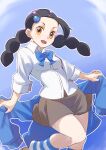  1girl 34_(sanjushi) black_hair breasts brown_eyes candice_(pokemon) hair_ornament hairclip highres long_hair looking_at_viewer multi-tied_hair open_mouth pokemon pokemon_(game) pokemon_dppt shirt simple_background skirt smile solo striped striped_legwear twintails white_shirt 