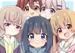  5girls :d absurdres ao_(flowerclasse) bangs black_hair blue_background blue_eyes blue_jacket blush brown_hair closed_mouth commentary_request drawstring eyebrows_visible_through_hair fukumoto_futaba grey_hair hair_between_eyes hair_ornament hairclip highres hood hood_down hoodie jacket long_hair minagi_hiyori minagi_koharu multiple_girls ninomiya_aiko open_clothes open_jacket parted_lips pink_jacket purple_eyes purple_jacket red_eyes shirt slow_loop smile sparkle striped striped_shirt yellow_eyes yellow_hoodie yoshinaga_koi 