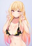  1girl bangs bare_arms bare_shoulders bikini black_bikini black_choker blonde_hair breasts choker commentary double_v eyebrows_visible_through_hair grey_background grin hands_up highres irohara kitagawa_marin large_breasts long_hair looking_at_viewer navel purple_eyes simple_background smile solo sono_bisque_doll_wa_koi_wo_suru stomach swimsuit upper_body v very_long_hair 