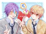  2boys ababuababeababa blonde_hair flustered highres implied_yaoi kamishiro_rui male_focus multiple_boys necktie nee_nee_nee._(vocaloid) orange_eyes project_sekai purple_hair school_uniform smile string_phone tenma_tsukasa yellow_eyes 