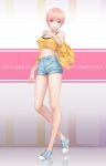  1girl absurdres bangs bare_legs blue_eyes blue_footwear blue_shorts breasts cleavage collarbone copyright_name denim denim_shorts eyebrows_visible_through_hair full_body go-toubun_no_hanayome highres long_legs looking_at_viewer medium_breasts midriff nakano_ichika navel negi3 parted_lips pink_hair shiny shiny_hair shoes short_hair short_shorts shorts sneakers solo spaghetti_strap stomach yellow_crop_top 