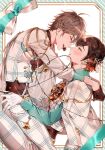  2boys brown_eyes brown_hair chocolate ear_piercing eiden_(nu_carnival) hair_ornament highres hug looking_at_another matching_outfit multicolored_hair multiple_boys nu_carnival piercing red_eyes red_hair straddling white_day yakumo_(nu_carnival) yala1453 yaoi 