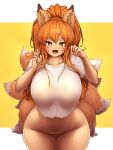  16.6_(artist) 5_fingers animal_humanoid areola big_breasts biped black_body black_ears black_fur bottomless breasts brown_body brown_ears brown_fur brown_inner_ear brown_markings brown_tail canid canid_humanoid canine canine_humanoid clothed clothing colored curvaceous curvy_figure digital_media_(artwork) dipstick_ears dipstick_tail facial_markings female fingers fluffy fluffy_ears fluffy_tail fox_humanoid front_view fur glistening glistening_hair green_eyes hair head_markings hi_res huge_breasts humanoid humanoid_hands light_body light_skin long_hair looking_at_viewer mammal mammal_humanoid markings monotone_hair multi_tail multicolored_body multicolored_ears multicolored_fur multicolored_tail navel open_mouth open_smile orange_hair pink_areola ponytail portrait pubes pupils shaded shirt simple_background smile solo standing tail_markings thick_thighs three-quarter_portrait tongue topwear translucent translucent_clothing translucent_shirt translucent_topwear two_tone_ears two_tone_tail voluptuous white_body white_clothing white_fur white_pupils white_shirt white_tail white_topwear wide_hips yellow_background 
