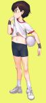  1girl ball bangs brown_eyes brown_hair child clothes_lift duplicate full_body highres holding holding_ball lifted_by_self looking_to_the_side navel original pixel-perfect_duplicate shirt shirt_lift shoes short_hair shorts sneakers socks solo sportswear standing t-shirt thigh_shorts volleyball white_footwear white_legwear white_shirt wiping_sweat wristband yellow_background zhongye_yu 
