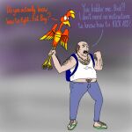  1:1 adult_swim anthro aqua_teen_hunger_force avian backpack bald banjo-kazooie beak bird blue_text breegull brown_hair carl_brutananadilewski cartoon_network clothed clothing crossover dialogue digital_drawing_(artwork) digital_media_(artwork) duo english_text facial_hair feathers female feral fist footwear gold_(metal) gold_chain gold_jewelry gold_necklace green_eyes hair hairy_arms hairy_feet head_tuft hi_res human humor insult jewelry kama_and_hallie kazooie leg_grab male male/female mammal mustache necklace open_mouth overweight overweight_male pose pubes rareware red_body red_feathers red_text sandals shirt simple_background sweatpants talons tank_top text topwear tuft undershirt video_games white_clothing white_shirt white_topwear wings yellow_body yellow_feathers yellow_feet 