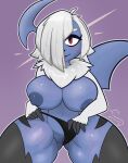  absol anthro areola big_breasts blue_body blue_nipples blush breasts clothed clothing clothing_aside female fur genitals hair hair_over_eye hi_res leofel_barraund looking_at_viewer navel neck_tuft nintendo nipples one_eye_obstructed open_mouth panties panties_aside pok&eacute;mon pok&eacute;mon_(species) pussy red_eyes solo thick_thighs topless tuft underwear underwear_aside video_games white_body white_fur white_hair 