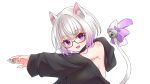  1girl absurdres animal_ear_fluff animal_ears bare_shoulders bell black_coat blush bow breasts cat_ears cat_girl cat_tail coat commentary commission fang glasses gradient_hair highres indie_virtual_youtuber long_sleeves looking_at_viewer mahjong mahjong_tile medium_breasts medium_hair multicolored_hair null_maru purple_bow purple_eyes purple_hair satou_namu_(vtuber) silver_hair simple_background skeb_commission smile solo tail virtual_youtuber white_background white_bow 