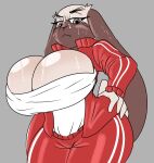  anthro big_breasts bodily_fluids breasts cleavage clothed clothing female grey_background hi_res huge_breasts kyuu_(beastars) lagomorph leporid mammal panties rabbit shirt simple_background solo solratic sweat topwear underwear 