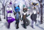  3_toes 4_toes anthro beverage biped black_body black_fur black_hair black_inner_ear black_nose black_tail bloominglynx blue_body blue_ears blue_eyes blue_fur blue_hair blue_inner_ear blue_inner_ear_fluff blue_tail blue_tongue brown_body brown_fur brown_hair cheek_tuft chest_tuft crossed_arms eyes_closed facial_tuft fangs featureless_crotch feet female front_view fur glistening glistening_eyes glistening_nose grey_body grey_ears grey_fur grey_head_tuft grey_tail group hair hand_behind_head happy head_tuft headphones holding_beverage holding_object inner_ear_fluff nude open_mouth open_smile outside pink_tongue plant purple_body purple_eyes purple_fur purple_hair purple_tail shoulder_tuft smile snow snowing standing toes tongue tree tuft white_body white_ears white_fur white_inner_ear white_inner_ear_fluff yellow_eyes yellow_inner_ear 