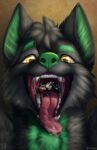  5_fingers anthro black_body black_ears black_fur black_hair blue_eyes blue_inner_ear blue_nose blue_pawpads bodily_fluids cheek_tuft chest_tuft duo eyebrows facial_tuft fangs fingers fur glistening glistening_eyes glistening_teeth glistening_tongue green_body green_eyebrows green_fur green_inner_ear_fluff green_nose hair hi_res inner_ear_fluff mouth_shot open_mouth orange_body orange_fur pawpads red_tongue saliva saliva_on_tongue saliva_string short_hair skyelegs teeth tongue tongue_out tuft vore watermark yellow_eyes 
