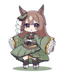  1girl animal_ears black_legwear blush boots braid brown_eyes brown_hair chibi colored_shadow commentary_request full_body green_jacket green_skirt highres horse_ears jacket long_hair long_sleeves multicolored_hair nozo_(hitomiz) parted_lips pleated_skirt satono_diamond_(umamusume) shadow shirt skirt sleeves_past_fingers sleeves_past_wrists solo standing thighhighs thighhighs_under_boots two-tone_hair umamusume very_long_hair white_background white_footwear white_shirt wide_sleeves 