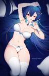 1girl artist_name blue_hair bra breasts choker cloud9 commentary commission dragon_girl dragon_horns english_commentary eyebrows_visible_through_hair hair_between_eyes highres horns large_breasts long_hair lying nanoless navel on_back one_eye_closed panties patreon_username pillow red_eyes smile solo thighhighs underwear very_long_hair vienna_(vtuber) virtual_youtuber watermark 