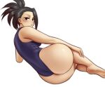  1girl ass ass_focus bare_legs black_hair blush boku_no_hero_academia highres jiuukek looking_at_viewer looking_back one-piece_swimsuit open_mouth sexually_suggestive simple_background soles solo solo_focus swimsuit tied_hair white_background yaoyorozu_momo 