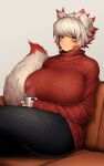 16.6_(artist) animal_humanoid beverage big_breasts biped black_bottomwear black_clothing black_pants bottomwear breasts canid canid_humanoid canine canine_humanoid clothed clothing colored container cup digital_media_(artwork) dipstick_ears dipstick_tail eye_markings eyelashes female fingers fluffy fluffy_tail fox_humanoid front_view fully_clothed fur furniture hair hi_res highlights_(coloring) holding_cup holding_mug holding_object huge_breasts humanoid humanoid_hands inner_ear_fluff light_body light_skin looking_at_viewer mammal mammal_humanoid markings mature_female mature_humanoid mug multicolored_body multicolored_ears multicolored_fur multicolored_hair multicolored_tail on_sofa pants portrait pupils red_body red_clothing red_ears red_fur red_hair red_highlights red_markings red_sweater red_tail red_topwear shaded short_hair simple_background sitting smile sofa solo steam sweater tail_markings three-quarter_portrait three-quarter_view topwear tuft two_tone_body two_tone_ears two_tone_fur two_tone_hair two_tone_tail white_background white_body white_ears white_eyes white_fur white_hair white_inner_ear white_inner_ear_fluff white_pupils white_tail 