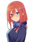  1girl bangs blue_eyes blue_jacket blue_sweater closed_mouth comic_lo eyebrows_visible_through_hair from_side go-toubun_no_hanayome hair_between_eyes headphones headphones_around_neck highres hofumaso jacket long_hair looking_at_viewer nakano_miku open_clothes open_jacket red_hair shiny shiny_hair simple_background solo straight_hair sweater upper_body white_background 