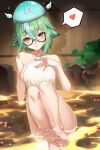  1girl animal_ears arm_support ass bangs bare_shoulders blue_hair blush breasts breasts_apart cat_ears closed_mouth collarbone covered_nipples creature_on_head crossed_bangs detached_wings feet floppy_ears genshin_impact glasses green_hair hair_between_eyes hand_on_own_chest head_tilt heart highres knees knees_together_feet_apart light_smile long_bangs looking_at_viewer medium_breasts medium_hair multicolored_hair naked_towel nose onsen orange_eyes partially_submerged petals petals_on_liquid roysix see-through semi-rimless_eyewear sideboob sidelocks slime_(genshin_impact) soles solo speech_bubble spoken_heart streaked_hair sucrose_(genshin_impact) toes towel tsurime water wet wings wooden_wall 