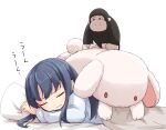  1girl akatsuki_(kancolle) bangs blue_hair closed_eyes closed_mouth frown kakizaki_(chou_neji) kantai_collection long_hair on_bed pajamas simple_background sleeping sleepwear solo stuffed_animal stuffed_bunny stuffed_monkey stuffed_toy sweatdrop under_covers white_background 