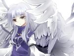  1girl angel angel_wings blue_dress breasts commentary_request dress feathered_wings grey_hair juliet_sleeves long_hair long_sleeves multiple_wings parted_lips puffy_sleeves red_eyes sariel_(touhou) seraph shinjitsu_no_kuchi small_breasts touhou touhou_(pc-98) very_long_hair white_wings wide_sleeves wings 