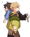 2boys blonde_hair blush brown_hair carrying_over_shoulder closed_eyes eiden_(nu_carnival) fang height_difference kuzumochi_m multiple_boys nu_carnival quincy_(nu_carnival) white_background yaoi yellow_eyes 