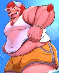  anthro beach belly blush body_hair bottomwear bulge chernobog chest_hair clothing demon fur hi_res kaki_no_tane1 lifewonders male musclegut nipples pecs pink_body pink_fur seaside shirt shorts solo tank_top tokyo_afterschool_summoners topwear video_games wet wet_clothing wet_shirt wet_topwear 