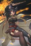  1girl animal_ears arm_up belt black_sleeves breasts bullet cleavage denim english_commentary explosion eyebrows_visible_through_hair granblue_fantasy hair_between_eyes holding hybridmink ilsa_(granblue_fantasy) jeans long_sleeves open_mouth pants patreon_username red_eyes shrug_(clothing) solo teeth thigh_strap torn_clothes torn_jeans torn_legwear torn_pants upper_teeth v-shaped_eyebrows 