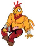  anthro avian bandanna beak belly bird bottomwear bottomwear_down chicken clothed clothing digital_drawing_(artwork) digital_media_(artwork) epic_games erection feathers footwear fortnite galliform gallus_(genus) genitals glistening glistening_body glistening_feathers hi_res humanoid_genitalia humanoid_penis kerchief looking_at_viewer male musclegut muscular muscular_male overweight overweight_anthro overweight_male pants pants_down paraparasect partially_clothed pecs penis phasianid shoes simple_background sitting solo tender_defender topless video_games white_background yellow_beak yellow_body yellow_feathers 