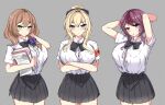  3girls :o alternate_costume armband arms_behind_head arms_under_breasts black_bow black_bowtie black_skirt blonde_hair blue_eyes book bow bowtie breasts brown_hair button_gap collared_shirt cowboy_shot eyebrows_visible_through_hair flower frown genshin_impact green_eyes hair_bow hair_flower hair_ornament hair_over_shoulder hand_in_own_hair highres holding holding_book holding_paper jean_(genshin_impact) large_breasts line4x lisa_(genshin_impact) long_hair looking_at_viewer multicolored_hair multiple_girls paper ponytail purple_eyes purple_hair red_hair rosaria_(genshin_impact) school_uniform shirt short_hair_with_long_locks short_sleeves simple_background skirt smile streaked_hair tented_shirt white_shirt 
