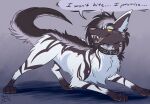  african_wild_dog anatomically_correct awdeen belly_nipples canid canine chantelle_(muskydusky) claws collar dialogue fangs female feral fur glowing glowing_eyes hi_res hyaenid hybrid mammal muskydusky nipples solo speech_bubble striped_body striped_fur stripes yellow_eyes 